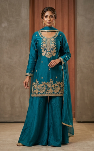 Teal Blue Embroidered Silk Sharara Suit Set