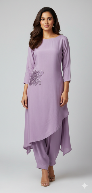 High-Low Embroidered Lilac Kurta Set