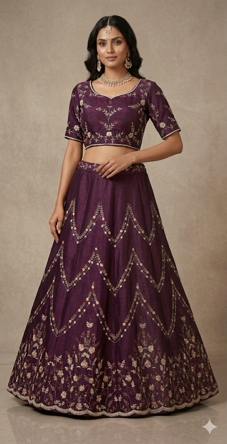 Royal Plum Embroidered Lehenga Set with Peach Dupatta