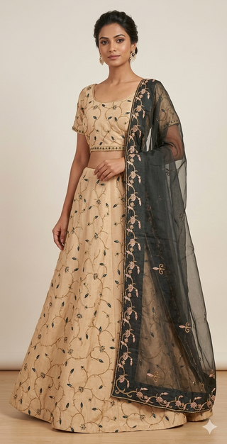 Beige Embroidered Lehenga Set with Deep Green Organza Dupatta