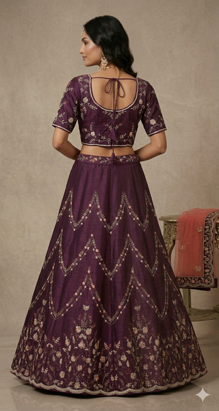 Royal Plum Embroidered Lehenga Set with Peach Dupatta