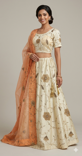 Ivory Gold Embroidered Lehenga Set with Peach Organza Dupatta