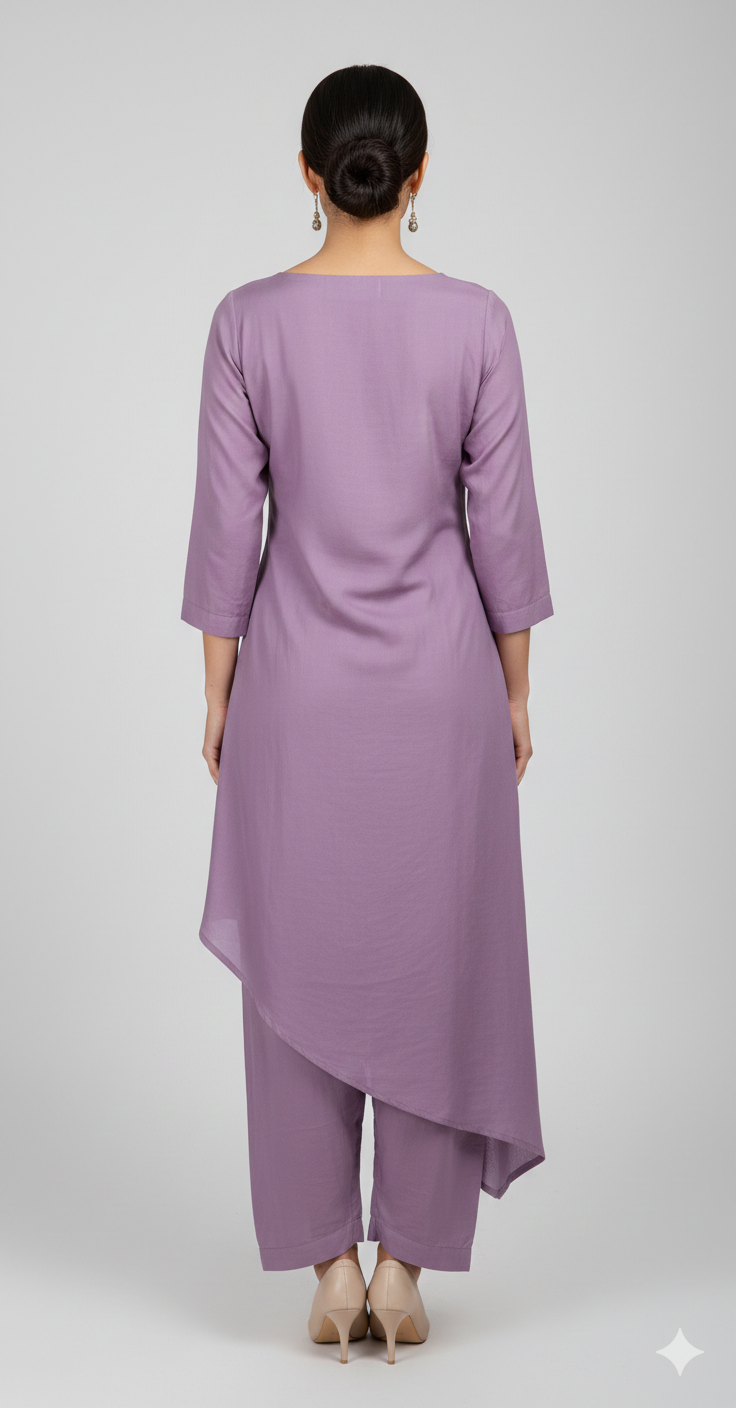 High-Low Embroidered Lilac Kurta Set