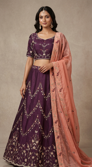 Royal Plum Embroidered Lehenga Set with Peach Dupatta