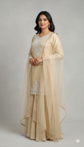 Champagne Gold Zari & Sequin Sharara Suit Set