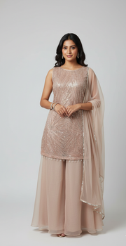 Champagne Beige Sequin Embroidered Sharara Suit Set