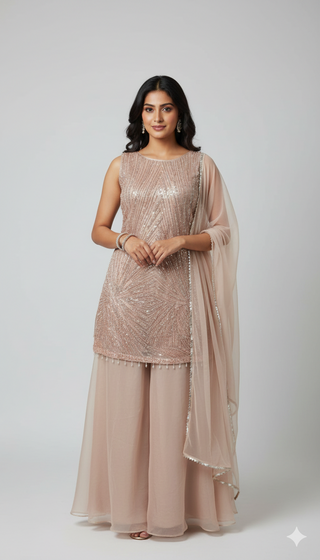 Champagne Beige Sequin Embroidered Sharara Suit Set