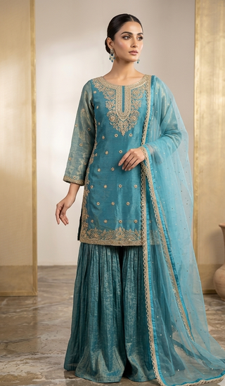 Turquoise Blue Embroidered Silk Sharara Suit Set