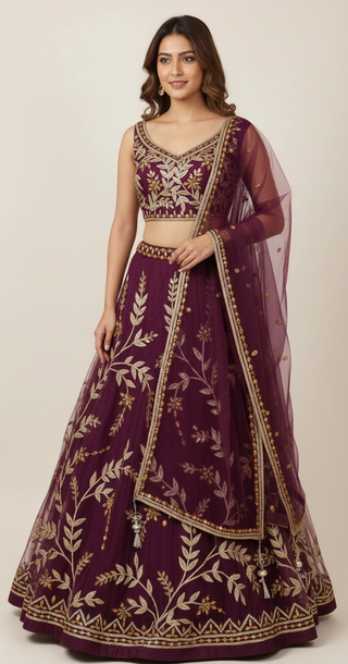 Royal Wine Embroidered Lehenga Choli Set