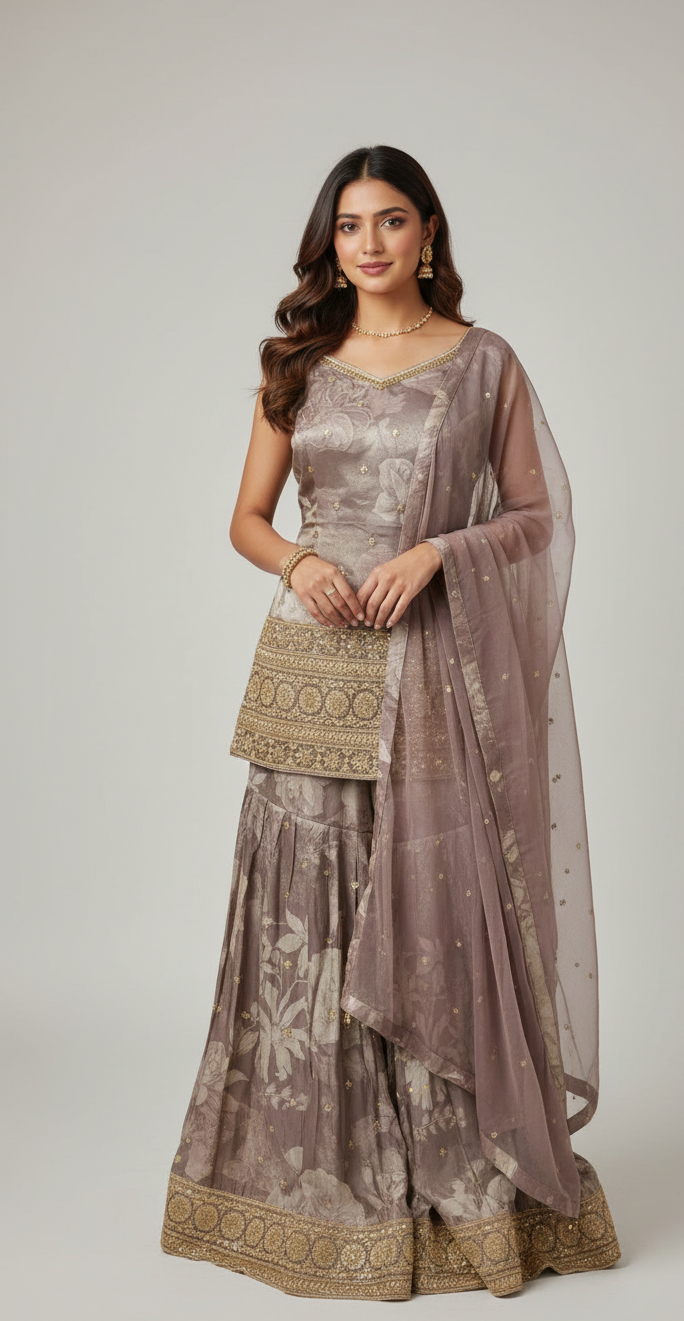 Royal Mauve Zari & Sequin Sharara Suit Set