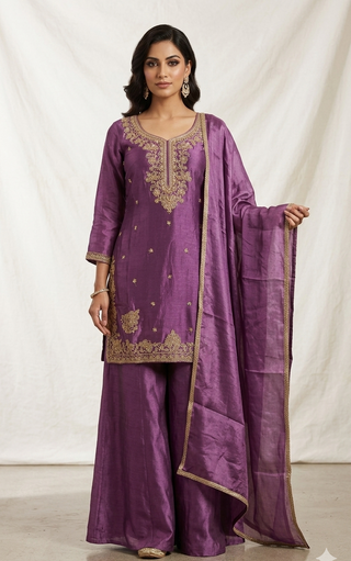 Deep Purple Zari Embroidered Palazzo Suit Set