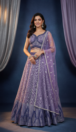 Lavender Pearl & Sequin Embroidered Net Lehenga Set