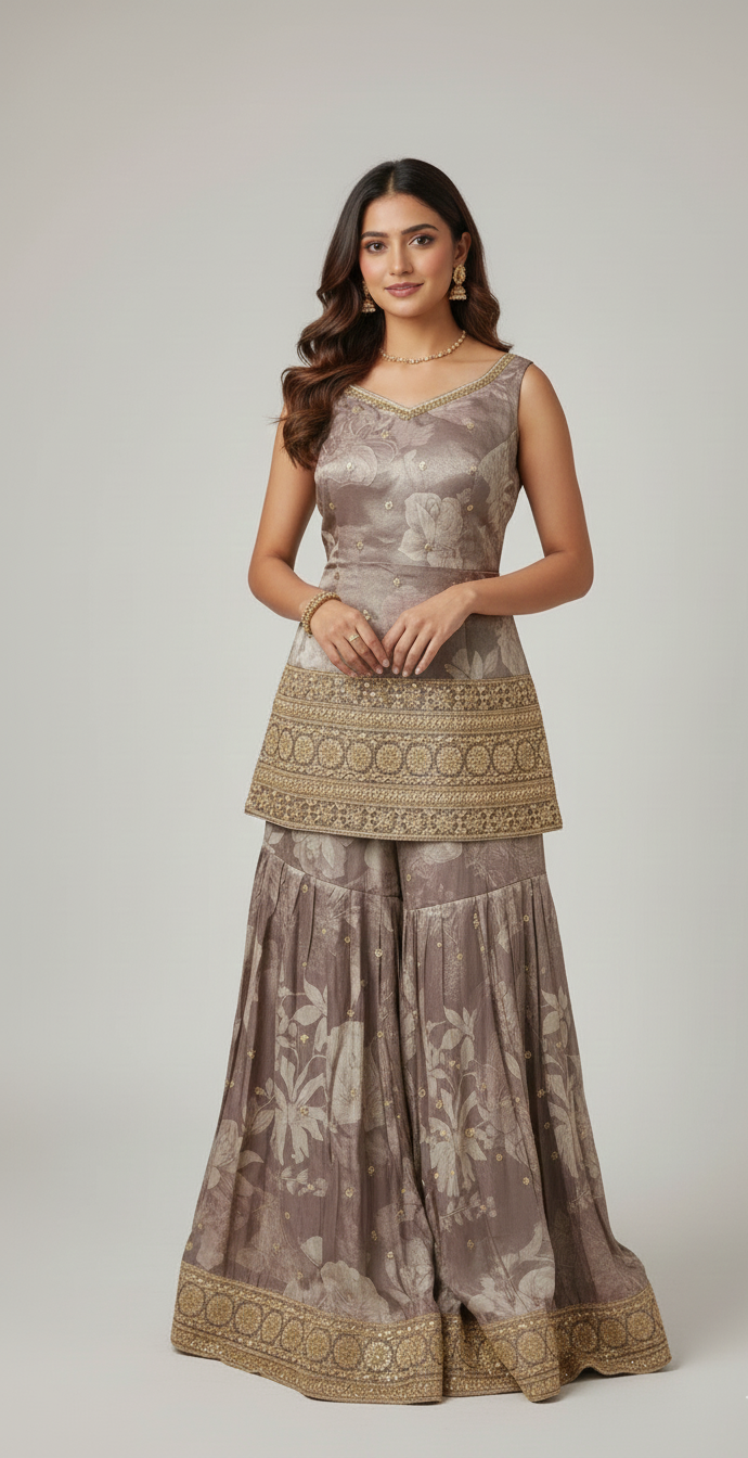 Royal Mauve Zari & Sequin Sharara Suit Set