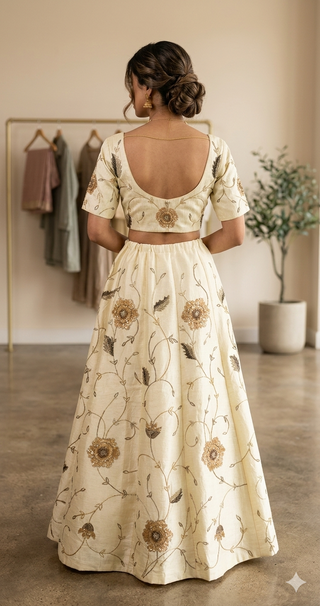 Ivory Gold Embroidered Lehenga Set with Peach Organza Dupatta