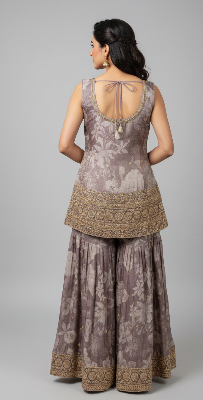 Royal Mauve Zari & Sequin Sharara Suit Set