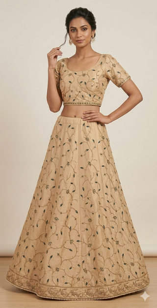 Beige Embroidered Lehenga Set with Deep Green Organza Dupatta