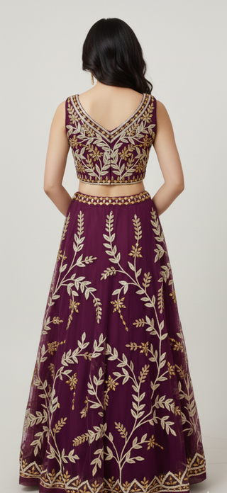 Royal Wine Embroidered Lehenga Choli Set