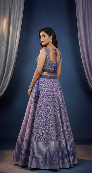 Lavender Pearl & Sequin Embroidered Net Lehenga Set