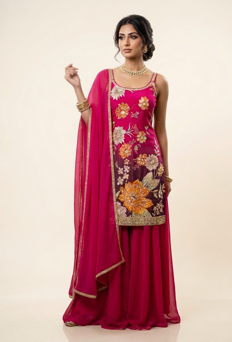Sofina Cranberry Floral Sharara Suit Set