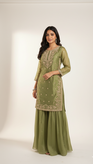 Olive Green Embroidered Sharara Suit Set