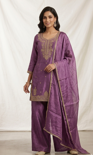 Deep Purple Zari Embroidered Palazzo Suit Set
