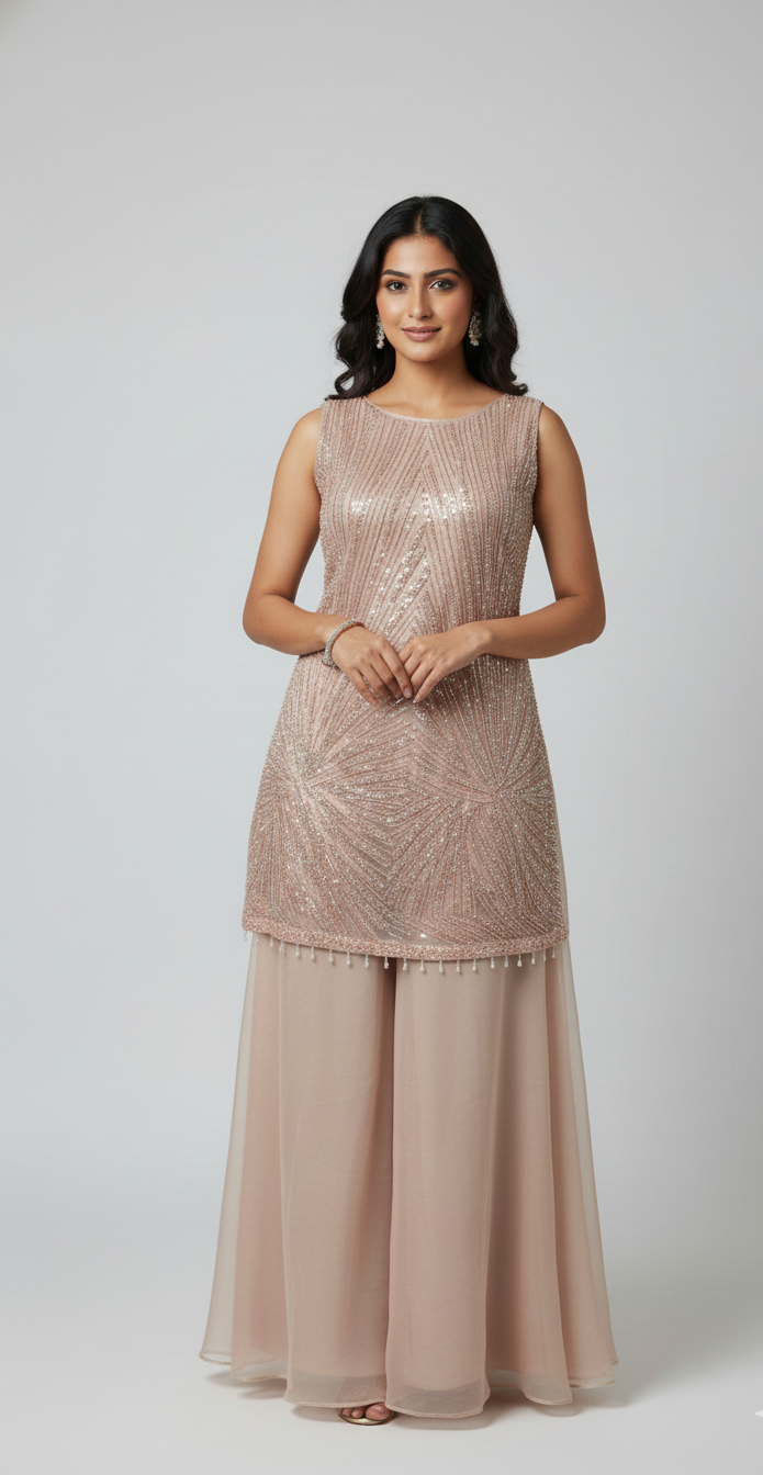 Champagne Beige Sequin Embroidered Sharara Suit Set