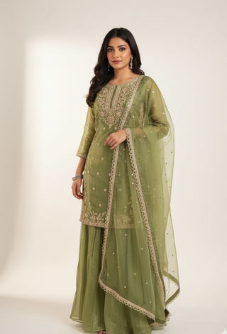 Olive Green Embroidered Sharara Suit Set