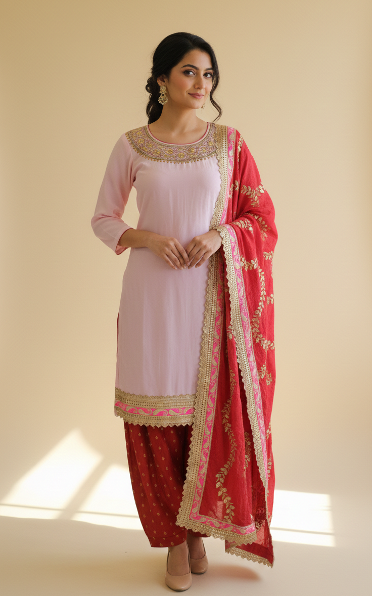 Blush Pink & Ruby Red Patiala Set