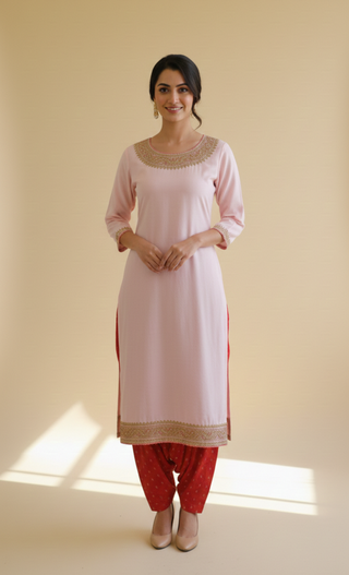 Blush Pink & Ruby Red Patiala Set