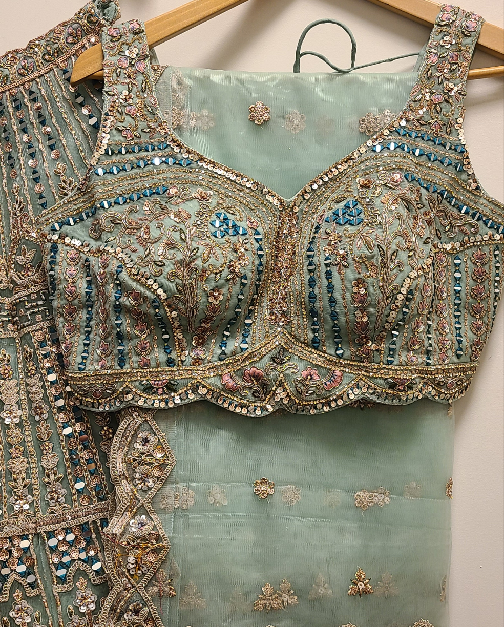 Teal Blue mirrorwork Engagement Lehenga