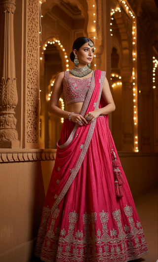 Pink & Gold Embroidered Bridal Lehenga Set