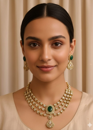 Luxury Bridal Polki Necklace Set with Emerald Stones