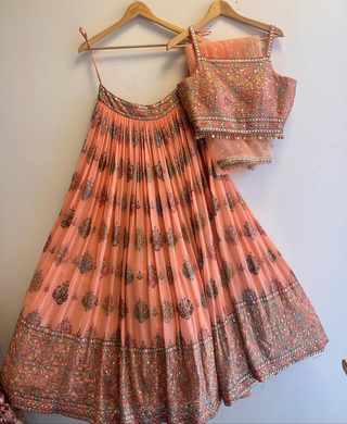 Peach Mirror Work Embroidered Lehenga Choli Set
