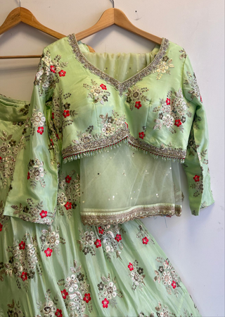 Mint Green Floral Embroidered Lehenga Choli Set