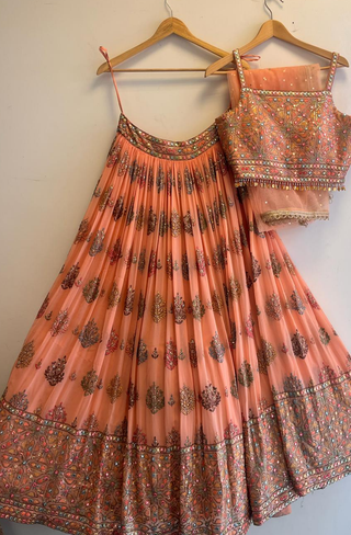 Peach Mirror Work Embroidered Lehenga Choli Set