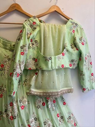 Mint Green Floral Embroidered Lehenga Choli Set