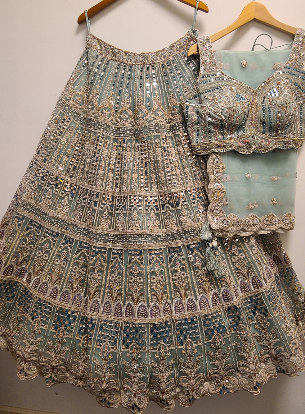Teal Blue mirrorwork Engagement Lehenga