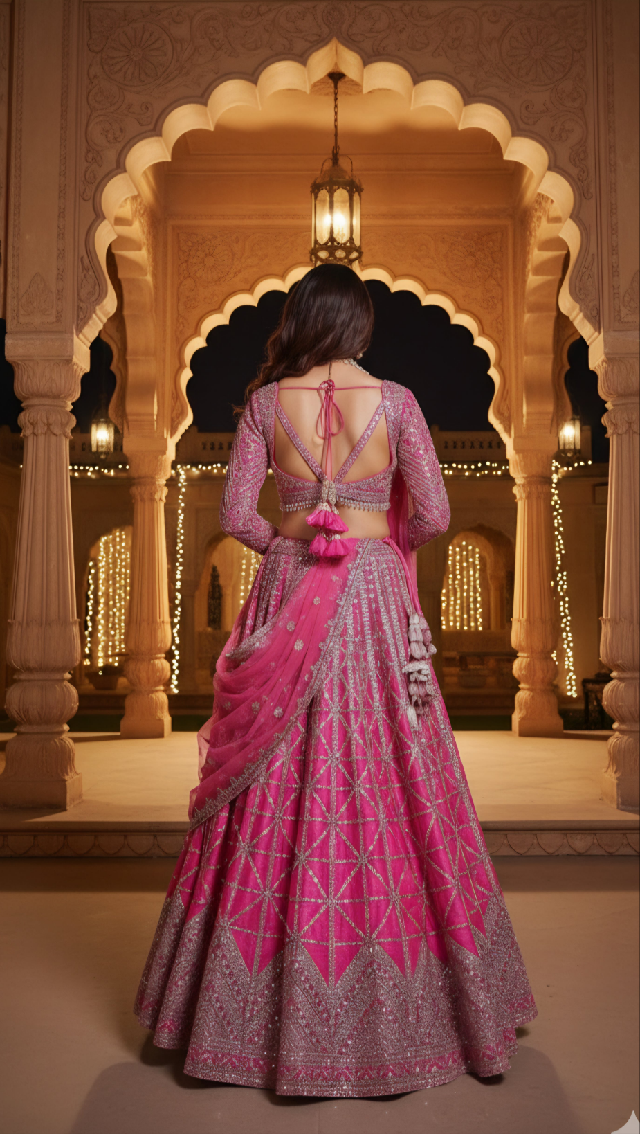Fuchsia Mirror work Bridal Lehenga Set