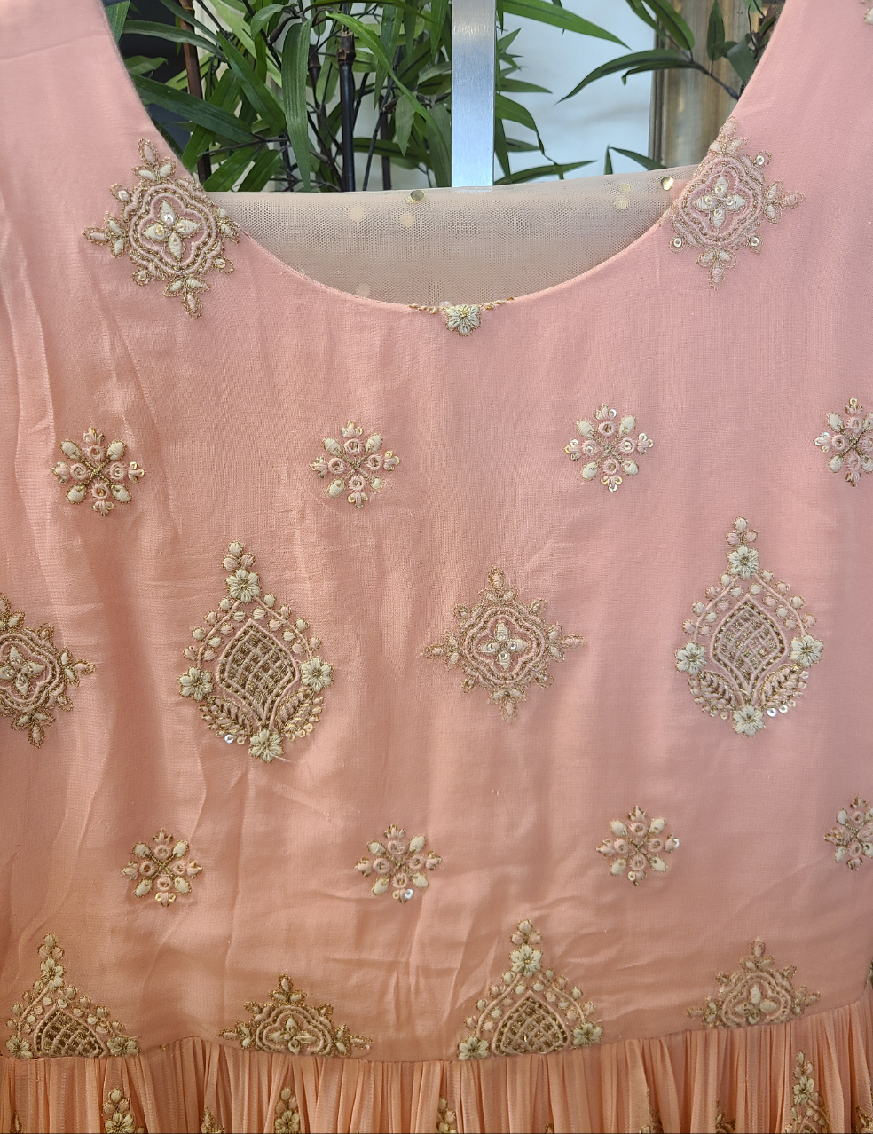 Peach Embroidered Anarkali Gown with Golden Zari Work & Dupatta