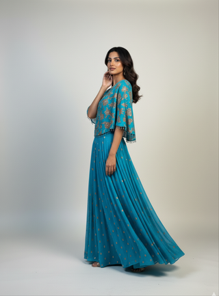 Turquoise Embroidered Cape Gown Set