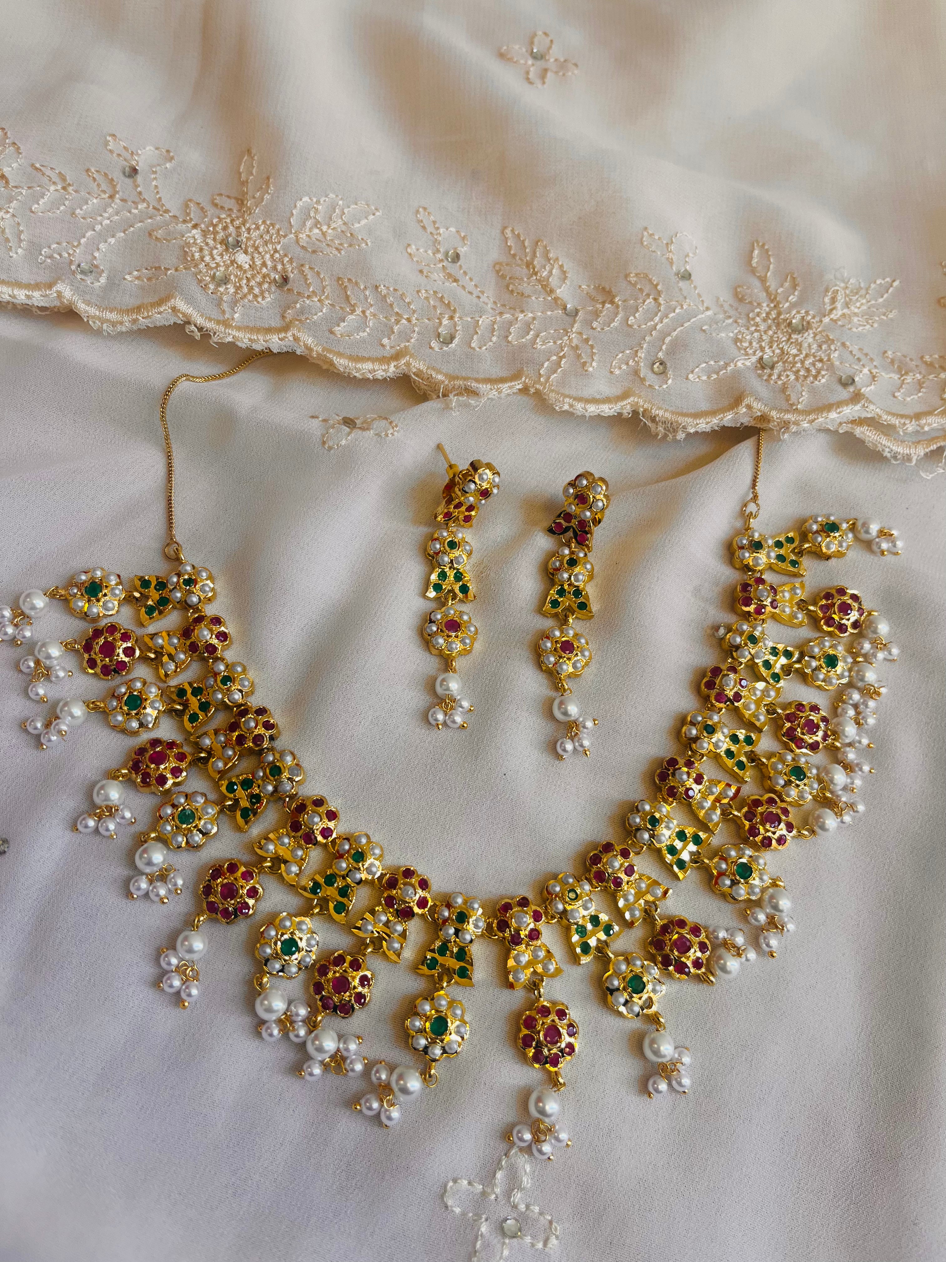 Gold Jadau Pearl, Ruby, Emerald Necklace Set