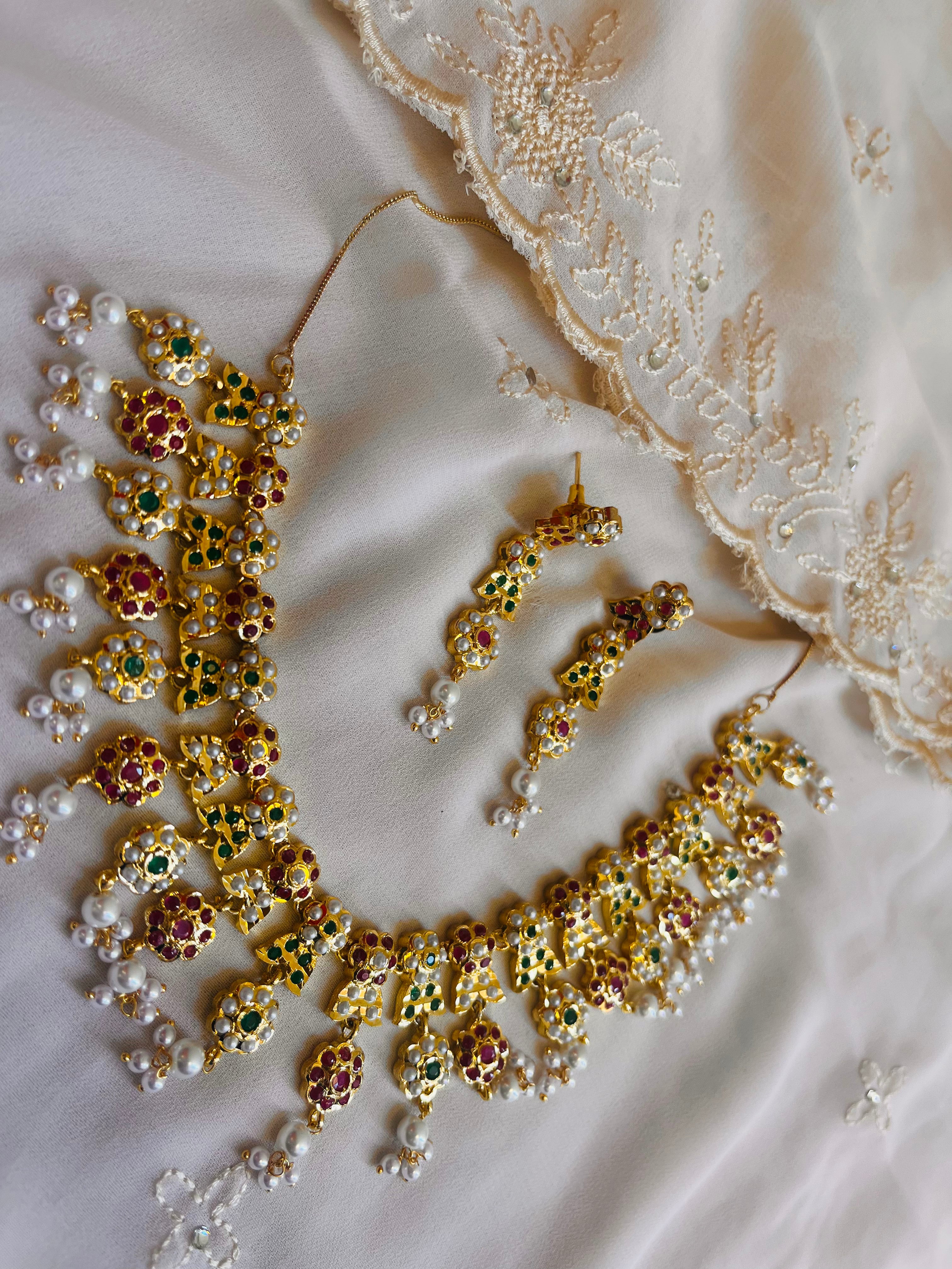 Gold Jadau Pearl, Ruby, Emerald Necklace Set
