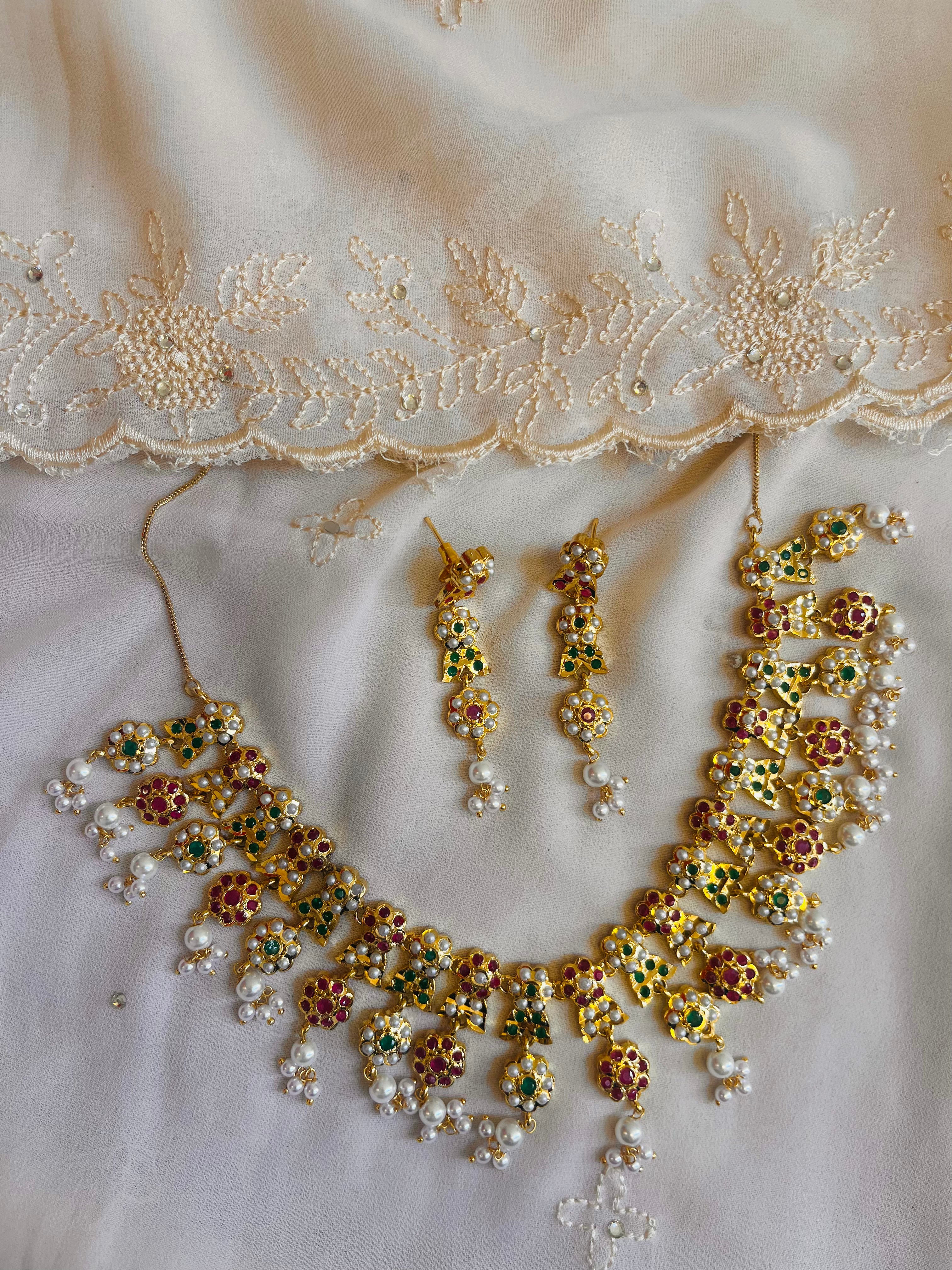 Gold Jadau Pearl, Ruby, Emerald Necklace Set