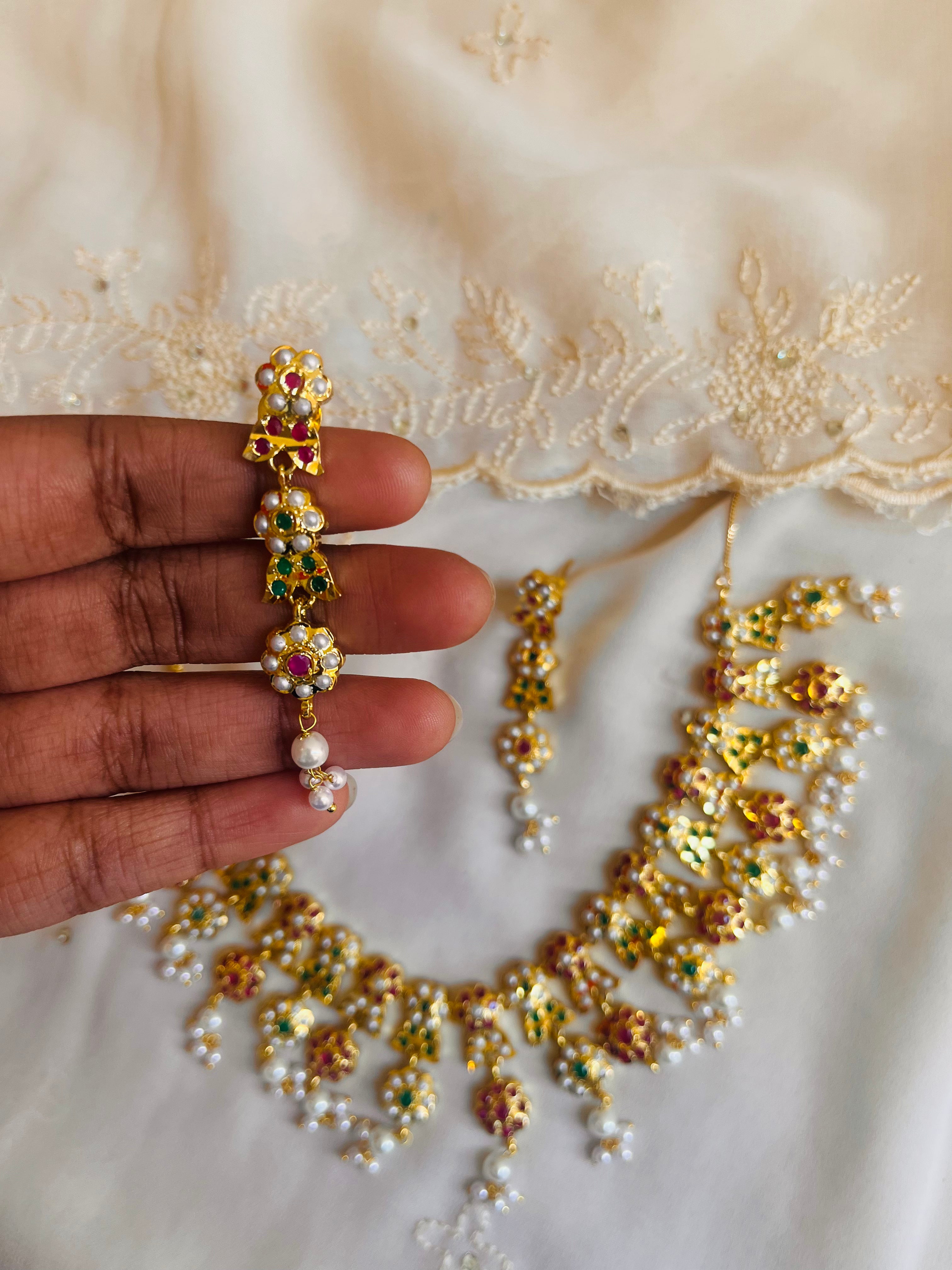 Gold Jadau Pearl, Ruby, Emerald Necklace Set