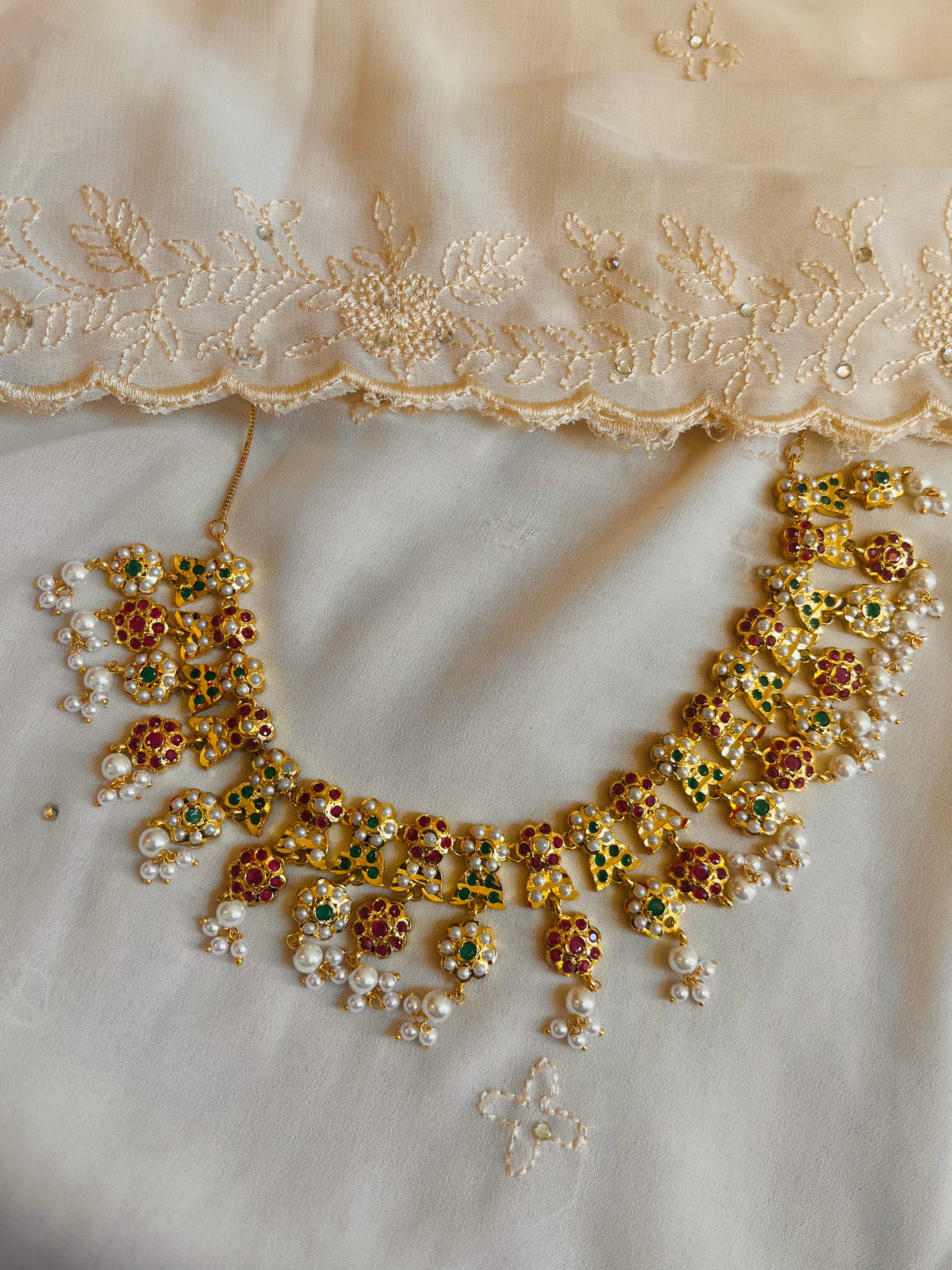 Gold Jadau Pearl, Ruby, Emerald Necklace Set