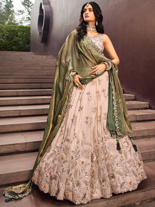 Beige Color Golden Sequined Using Thread,Coding & Zarkans Embroidered Viscos Semi-Stitched Lehenga choli with Contrast Dupatta