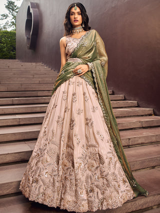 Beige Color Golden Sequined Using Thread,Coding & Zarkans Embroidered Viscos Semi-Stitched Lehenga choli with Contrast Dupatta