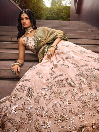 Beige Color Golden Sequined Using Thread,Coding & Zarkans Embroidered Viscos Semi-Stitched Lehenga choli with Contrast Dupatta