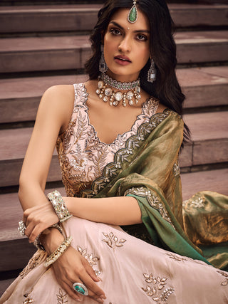 Beige Color Golden Sequined Using Thread,Coding & Zarkans Embroidered Viscos Semi-Stitched Lehenga choli with Contrast Dupatta