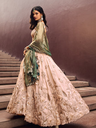 Beige Color Golden Sequined Using Thread,Coding & Zarkans Embroidered Viscos Semi-Stitched Lehenga choli with Contrast Dupatta